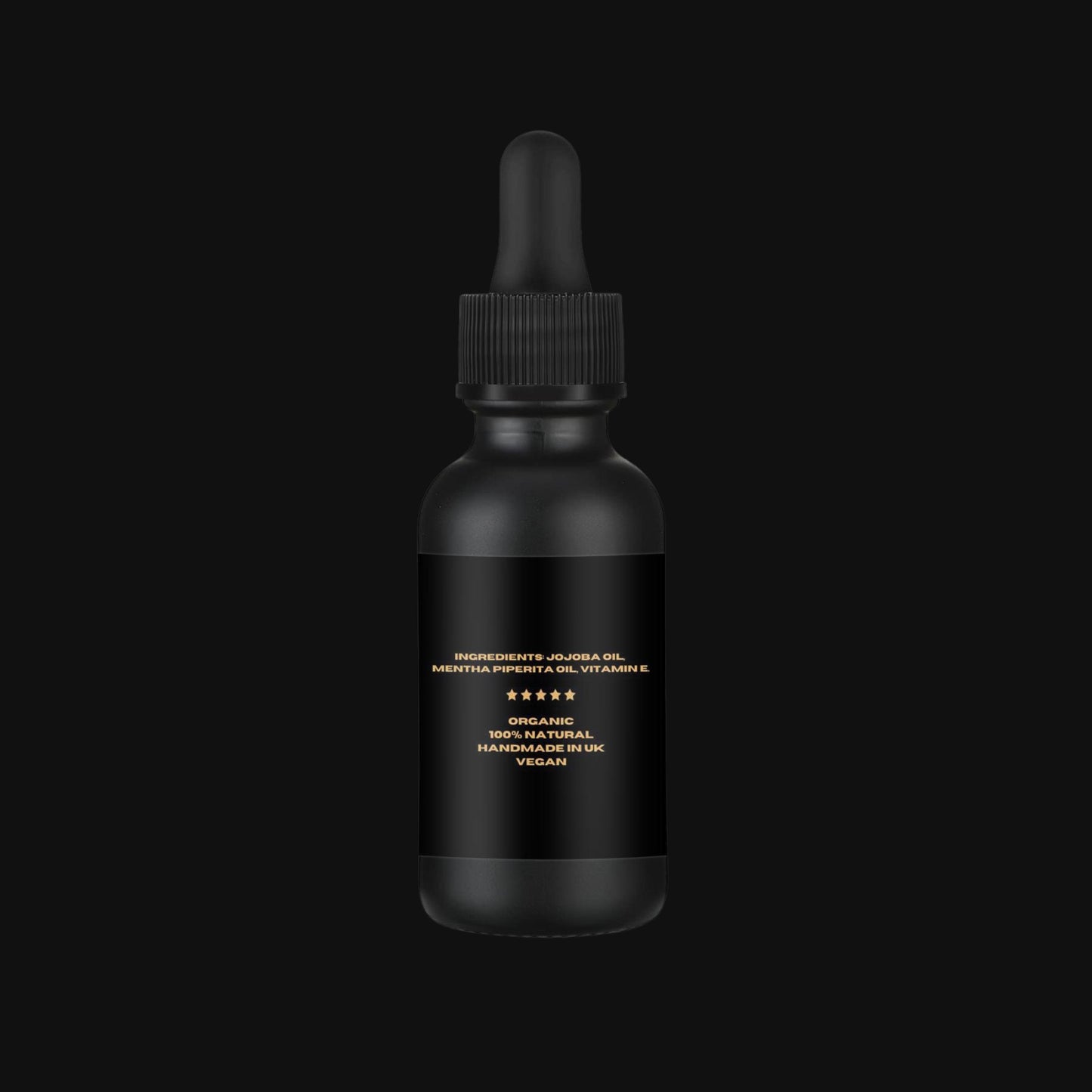 Black dropper bottle with a black label on a black background
