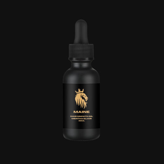 Black bottle of Maine hair growth oil with a dropper on a black background