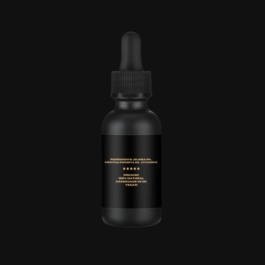 Black dropper bottle with a black label on a black background